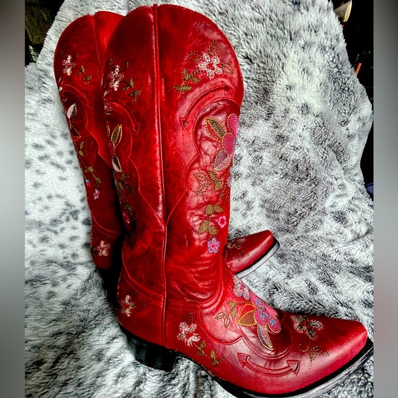 Vintage OLD GRINGO Red Leather Floral Embroidered Western Boots SZ 10B EUC - Picture 3 of 10